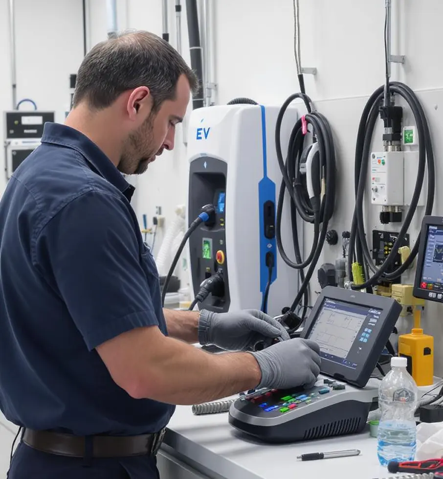 Man wearing gloves operating diagnostic equipment near an electric vehicle charging station.