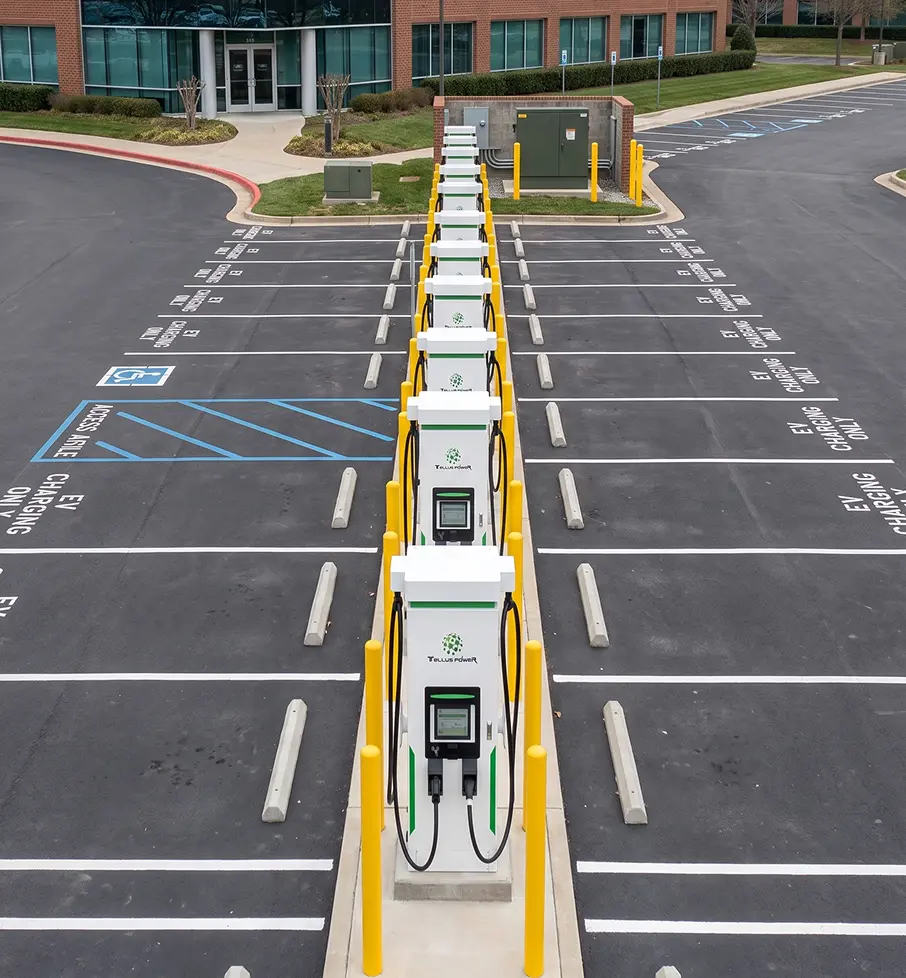 Row of EV charging stations lined up in an empty parking lot outside a brick office building.