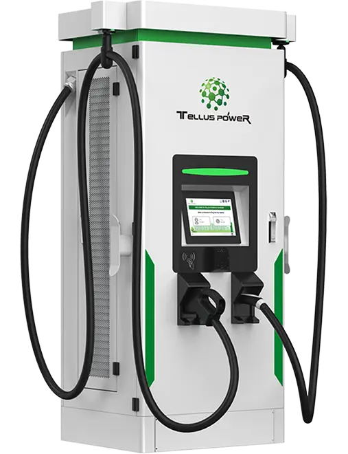 Tellus Power electric vehicle charging station with display screen and two charging cables.