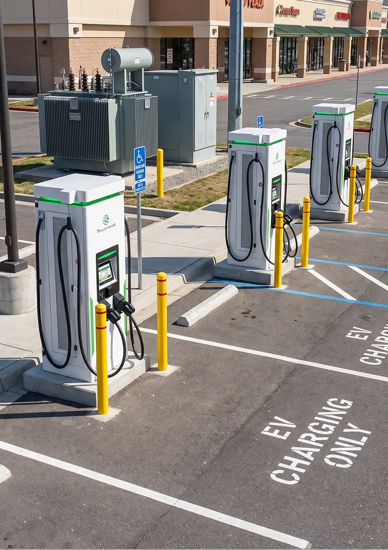 Four white EV charging stations with green accents lined up in a parking lot near shops.