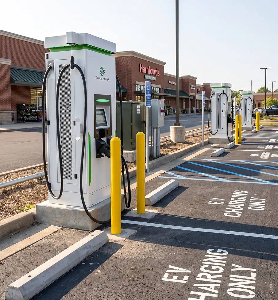 Series of electric vehicle charging stations in a parking lot outside a shopping plaza.