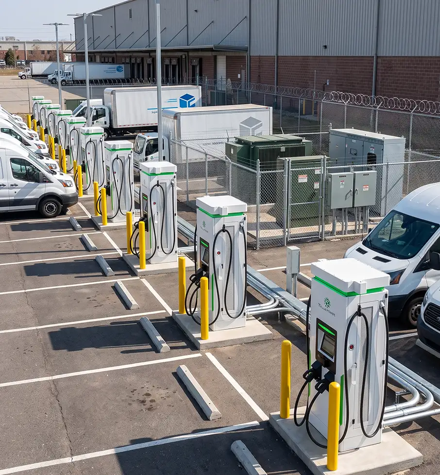 Row of electric vehicle charging stations with white vans parked and a fenced transformer area in a parking lot.