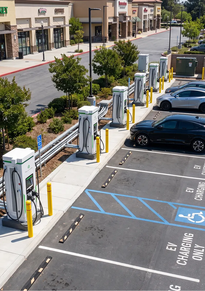 Row of electric vehicle charging stations with some cars parked at a sunny shopping center lot.