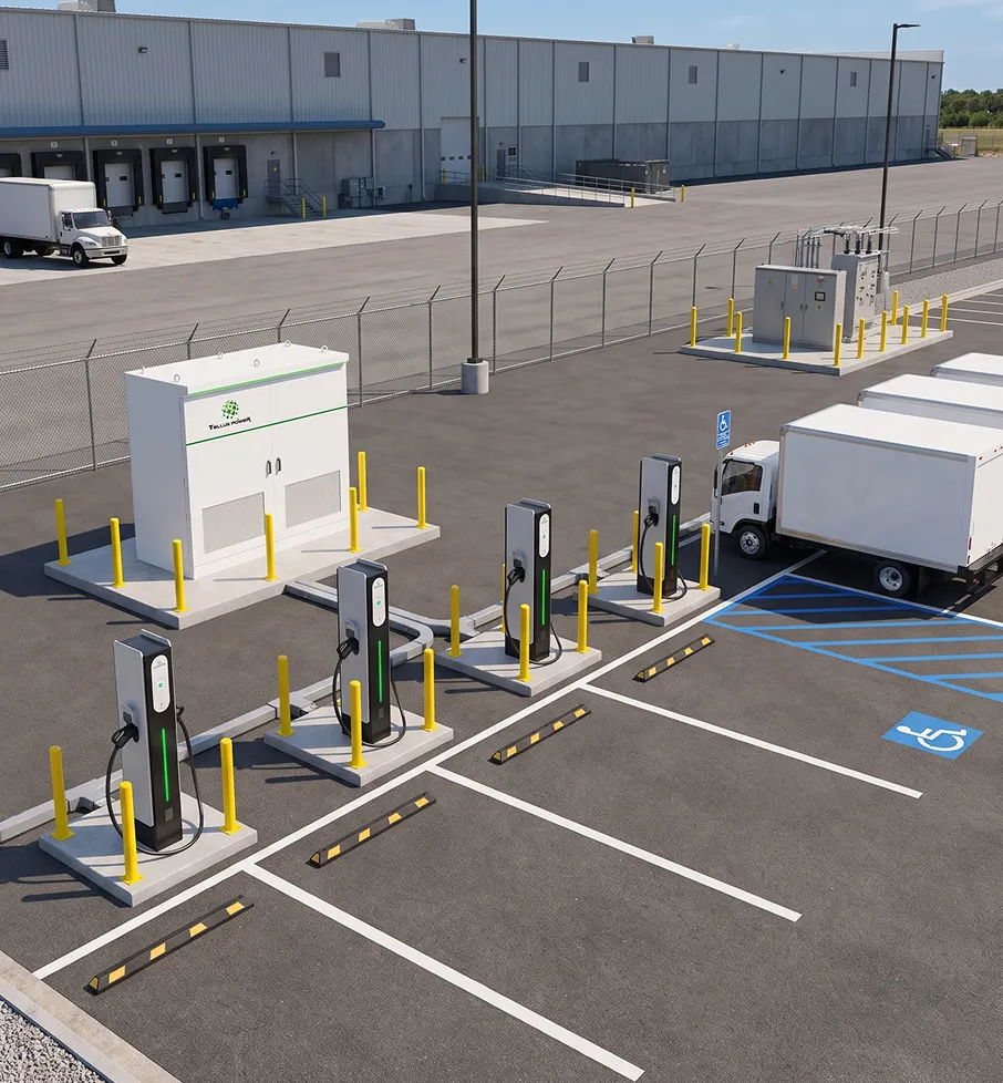 Four electric vehicle charging stations in a parking lot with a truck parked at one station.