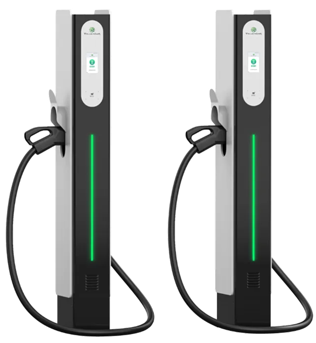 Two Tellus Power electric vehicle charging stations with black and gray panels and green light strips.