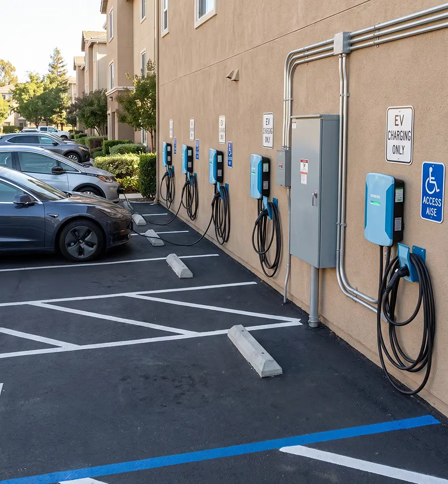 Row of blue Siemens electric vehicle charging stations mounted on a beige wall with EV parking spots.