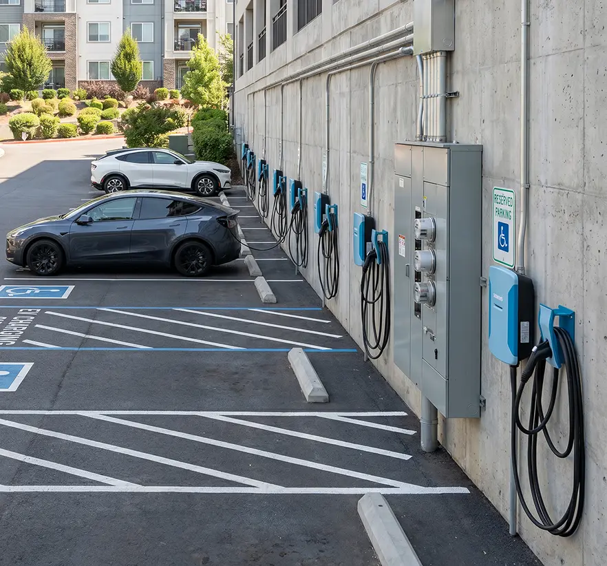 Row of blue electric vehicle chargers mounted on a concrete wall in a parking lot with cars parked.