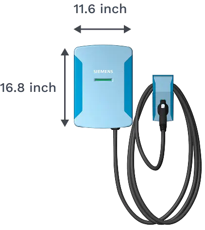 Siemens VersiCharge Blue electric vehicle charger with attached cable and plug.
