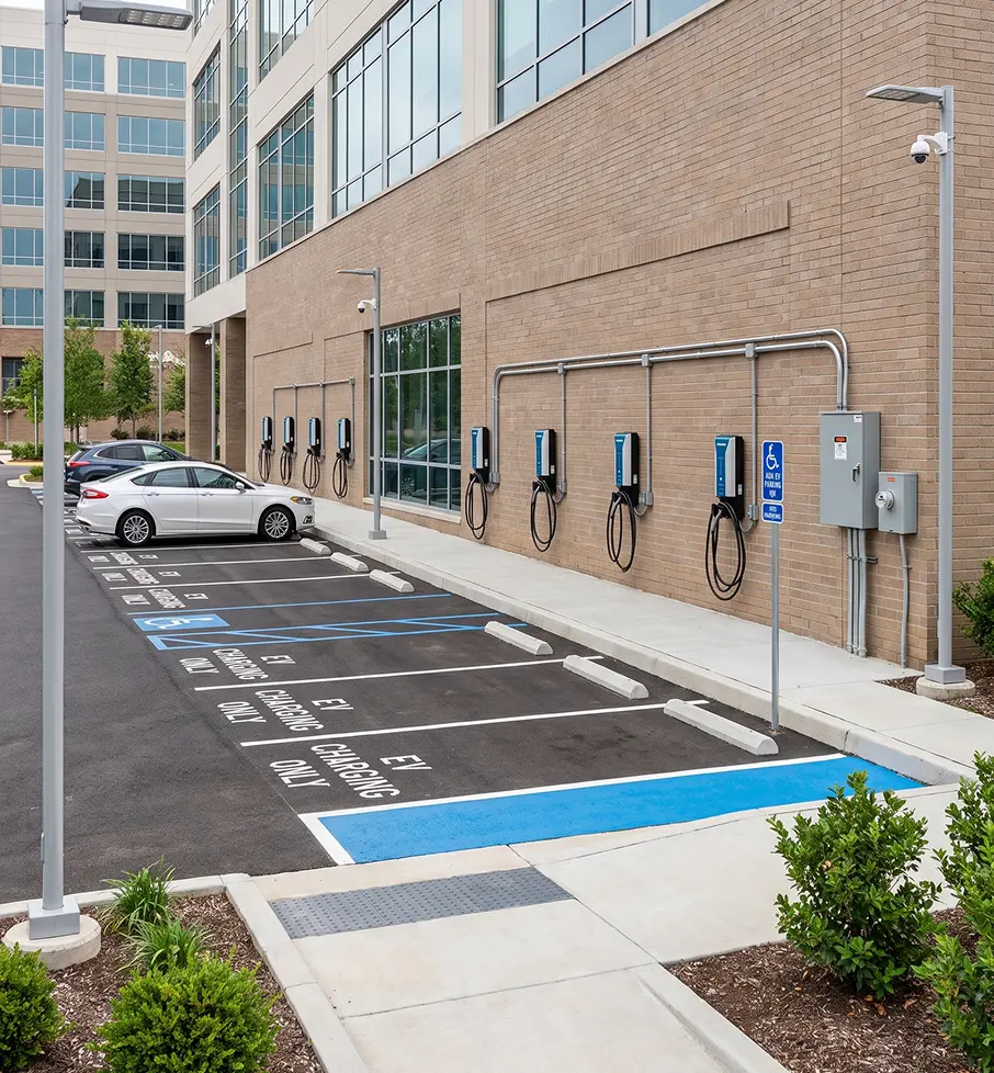 EV charging stations along a building wall with marked parking spaces, including one handicap spot.