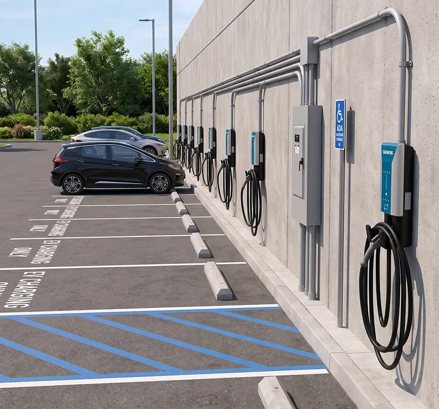 Row of Siemens electric vehicle charging stations with parked cars and a handicapped parking space.