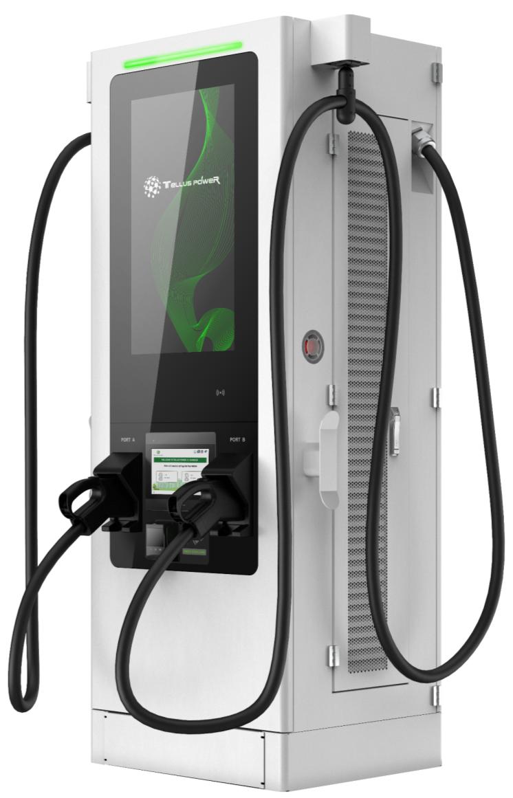 Tellus Power electric vehicle charging station with display screen and two charging cables.