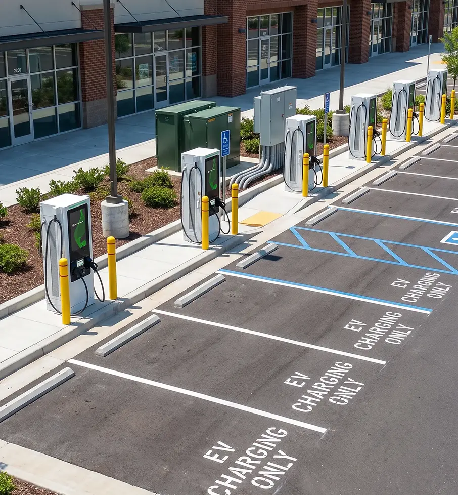 Row of EV charging stations lined up in an empty parking lot outside a brick office building.