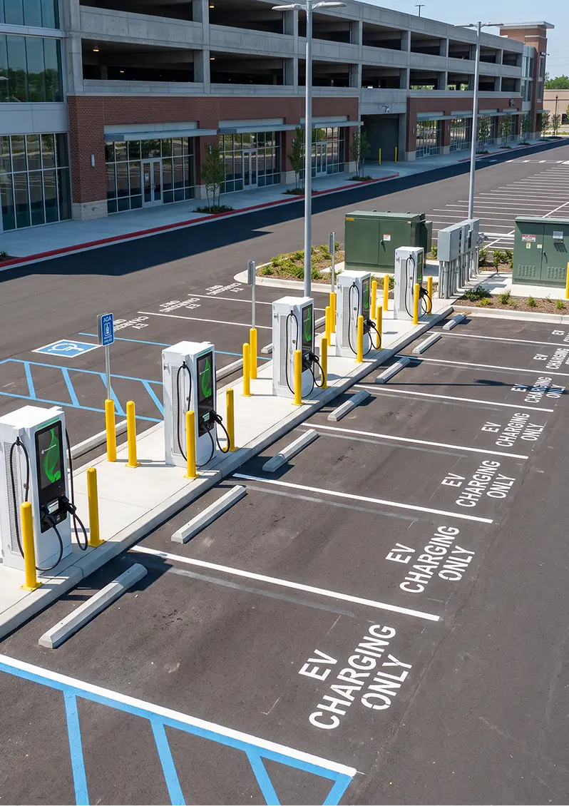 Row of electric vehicle charging stations in an empty parking lot next to a glass and brick building.