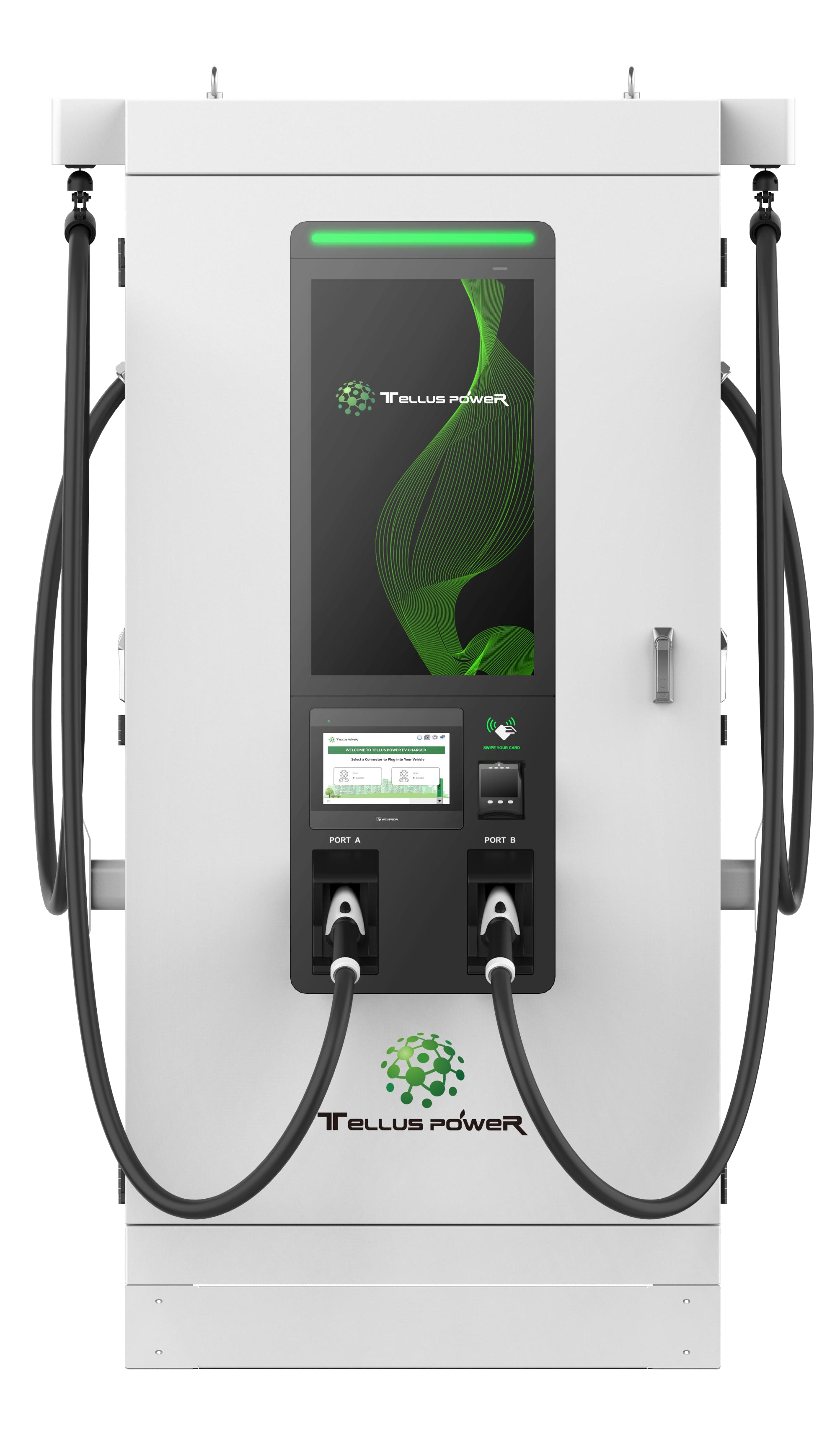 Tellus Power electric vehicle charging station with display screen and two charging cables.