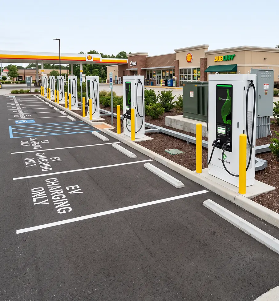 Row of EV charging stations lined up in an empty parking lot outside a brick office building.