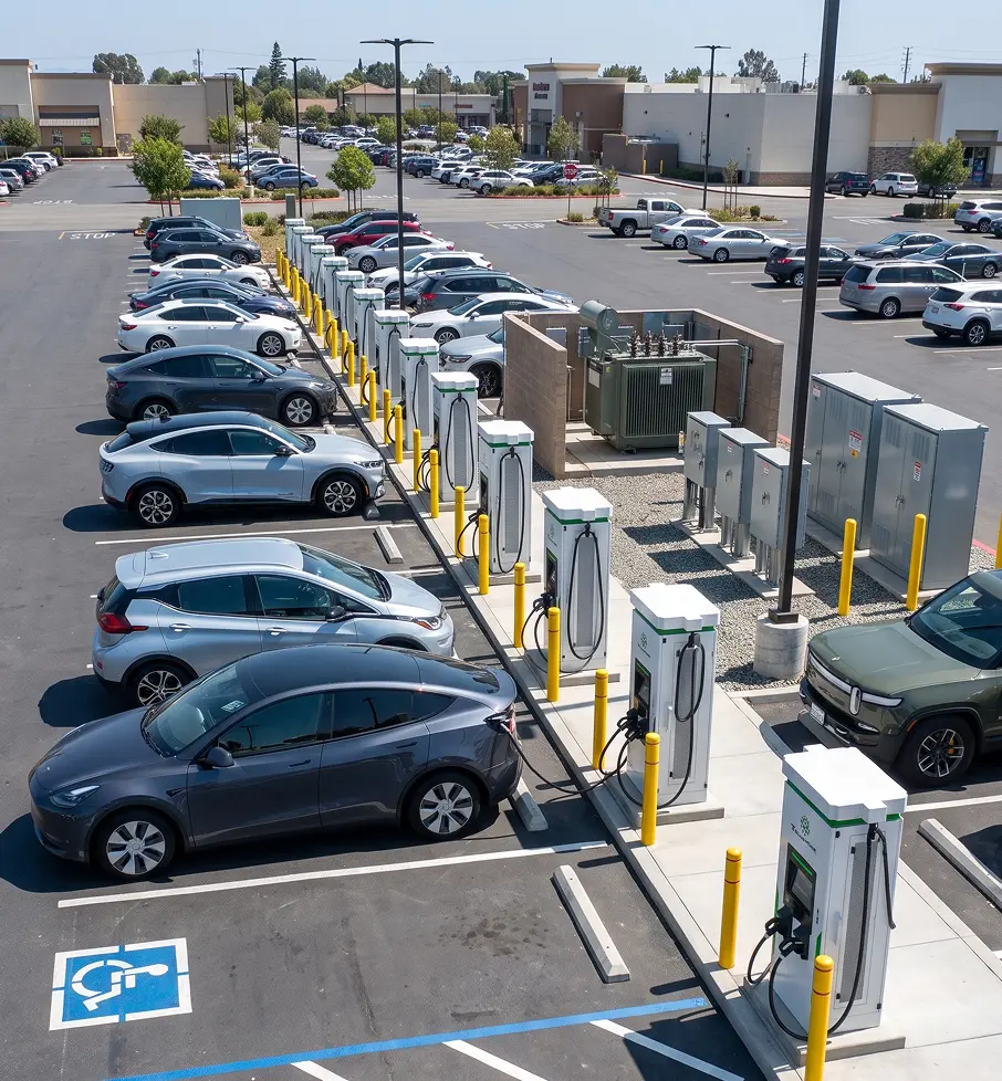 Row of electric cars charging at multiple EV charging stations in a large parking lot near retail buildings.