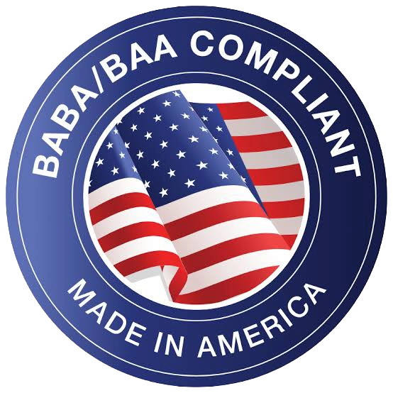 Blue round badge with American flag and text BABA Compliant Made in America.