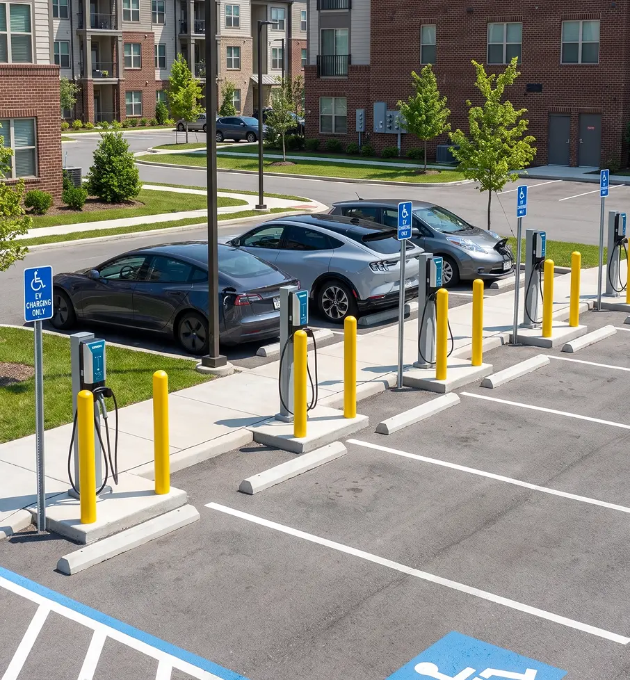 Electric vehicles parked and charging at reserved accessible EV charging stations in an apartment complex parking lot.