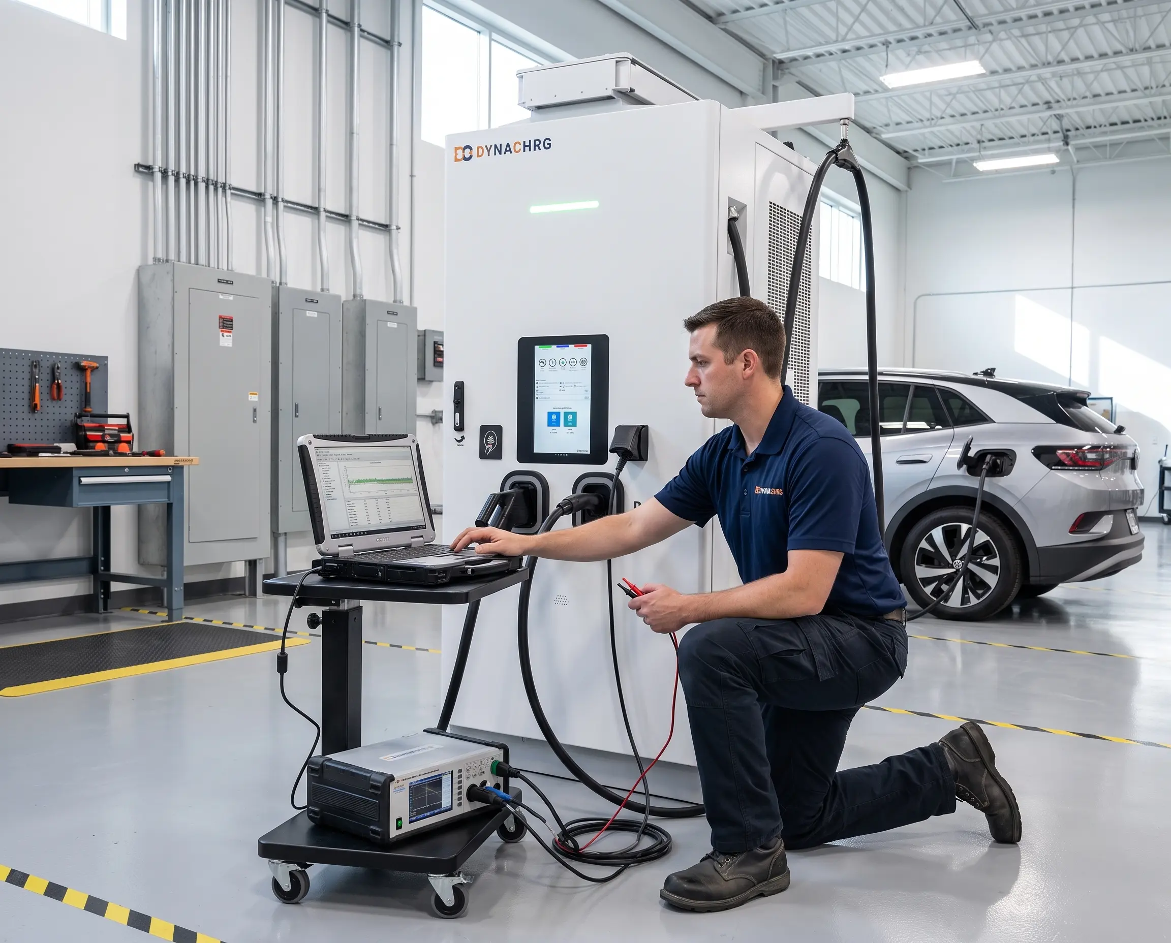 Technician kneels at a laptop testing an electric car charger in a modern garage.