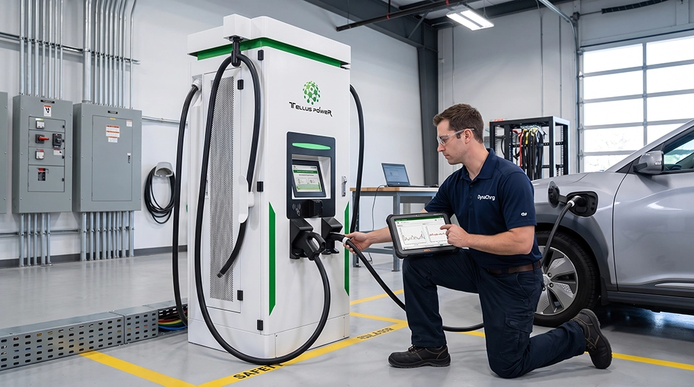Technician kneeling while using tablet to check an electric vehicle charger connected to a silver car.