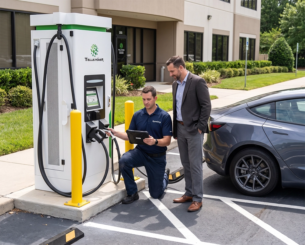 Two men at an electric vehicle charging station next to a gray car in an office parking lot.
