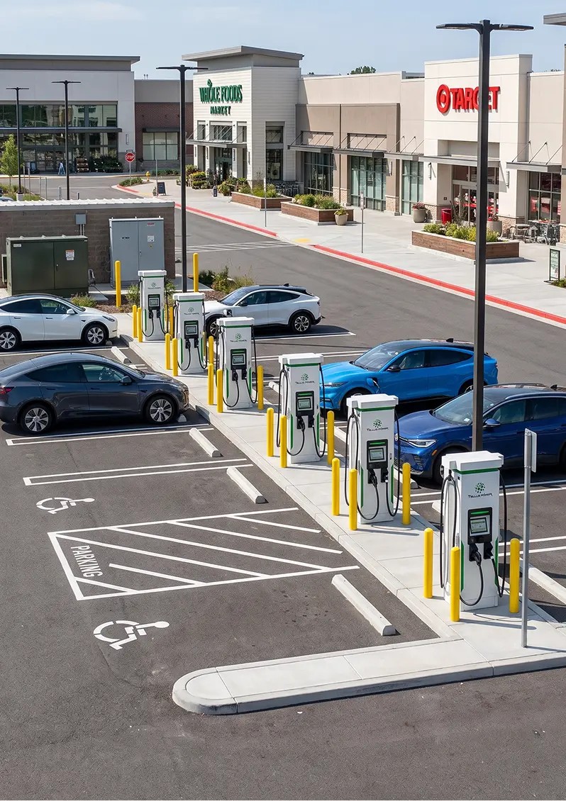 Row of electric vehicle charging stations with some cars parked at a sunny shopping center lot.