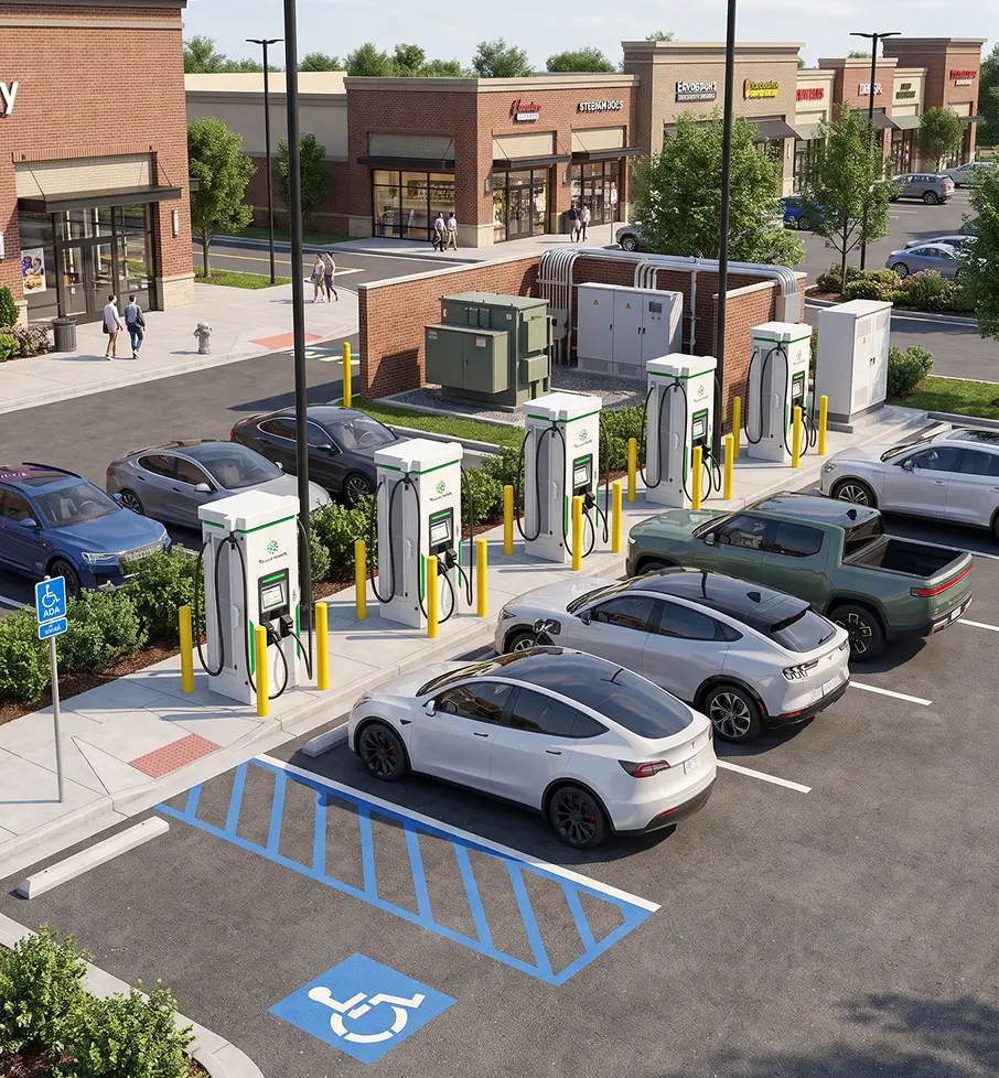 Series of electric vehicle charging stations in a parking lot outside a shopping plaza.