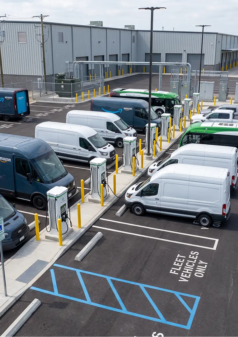 Four white EV charging stations with green accents lined up in a parking lot near shops.