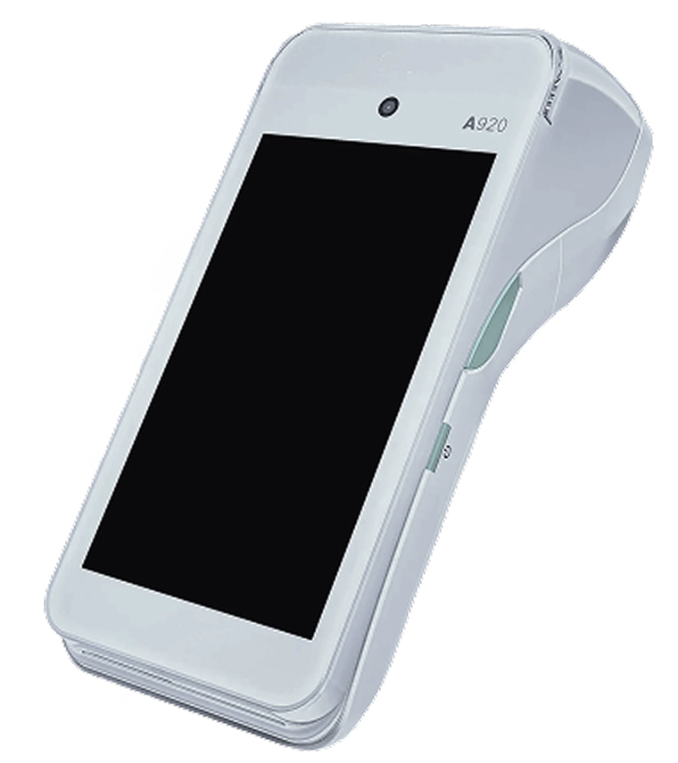 White handheld point-of-sale payment terminal with large touchscreen and camera labeled A920.