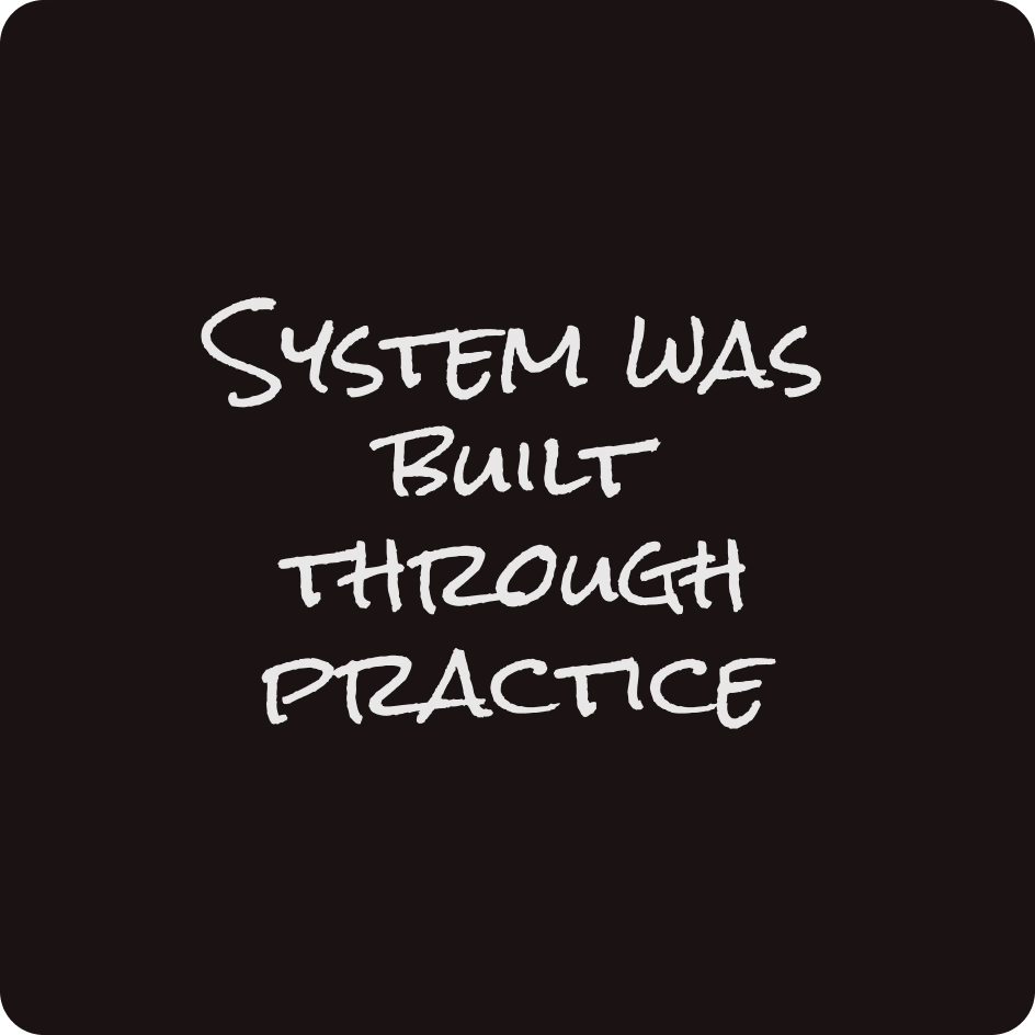 Text reading 'System was built through practice' on a black background in white hand-drawn font.