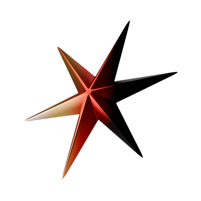 Three-dimensional six-pointed star with gradient shades of red, orange, and black on a transparent background.