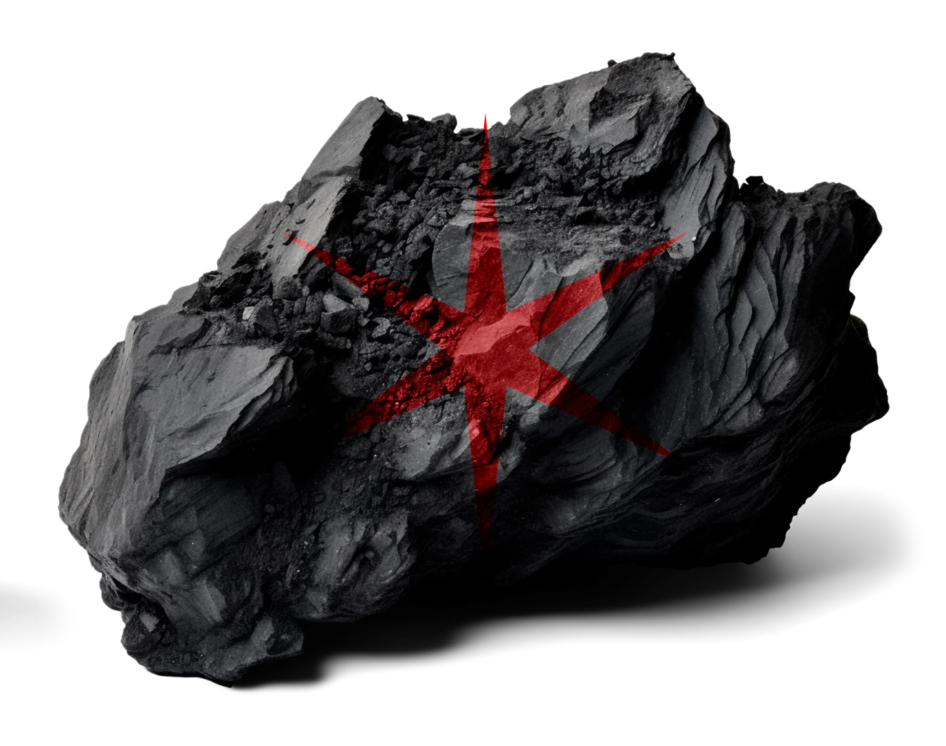 Rough black rock with a red eight-pointed star overlay in the center on a black background.