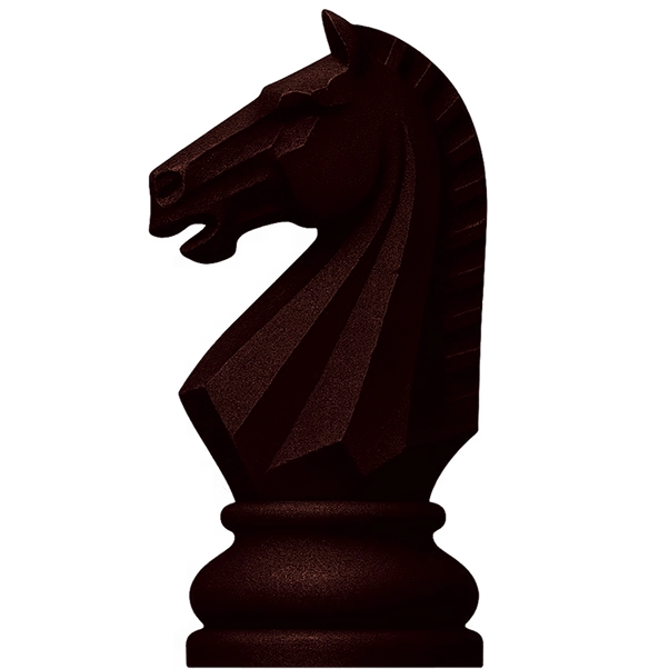 Black knight chess piece with detailed horse head and mane design.