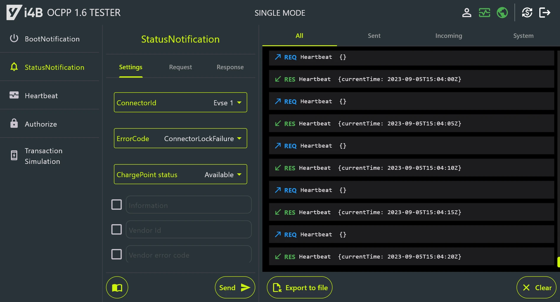 OCPP Tester app — charging station simulation in single mode