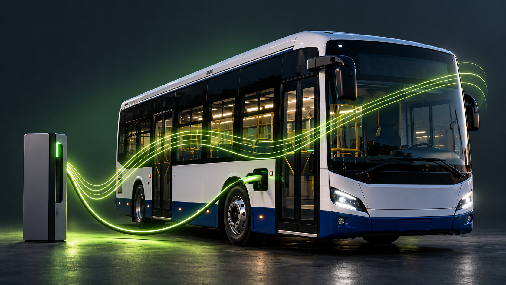 Electric buses charging overnight at a depot