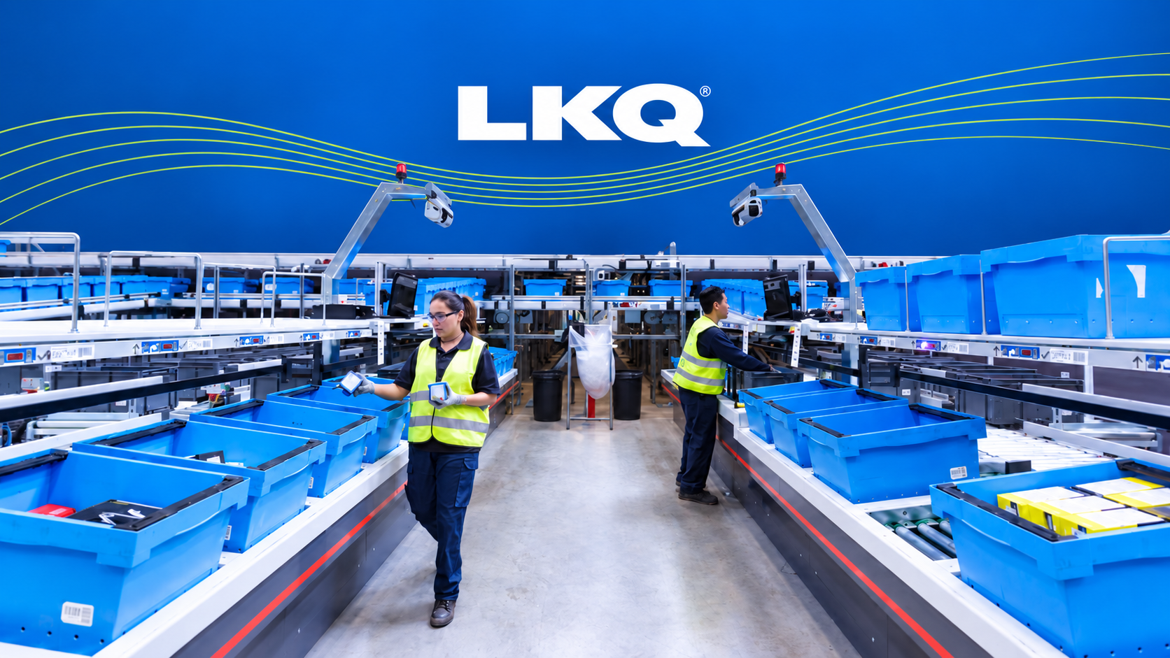 Automated order-picking line in an LKQ distribution centre: two warehouse workers in high-visibility vests handling blue parts totes on a conveyor, under the LKQ logo.