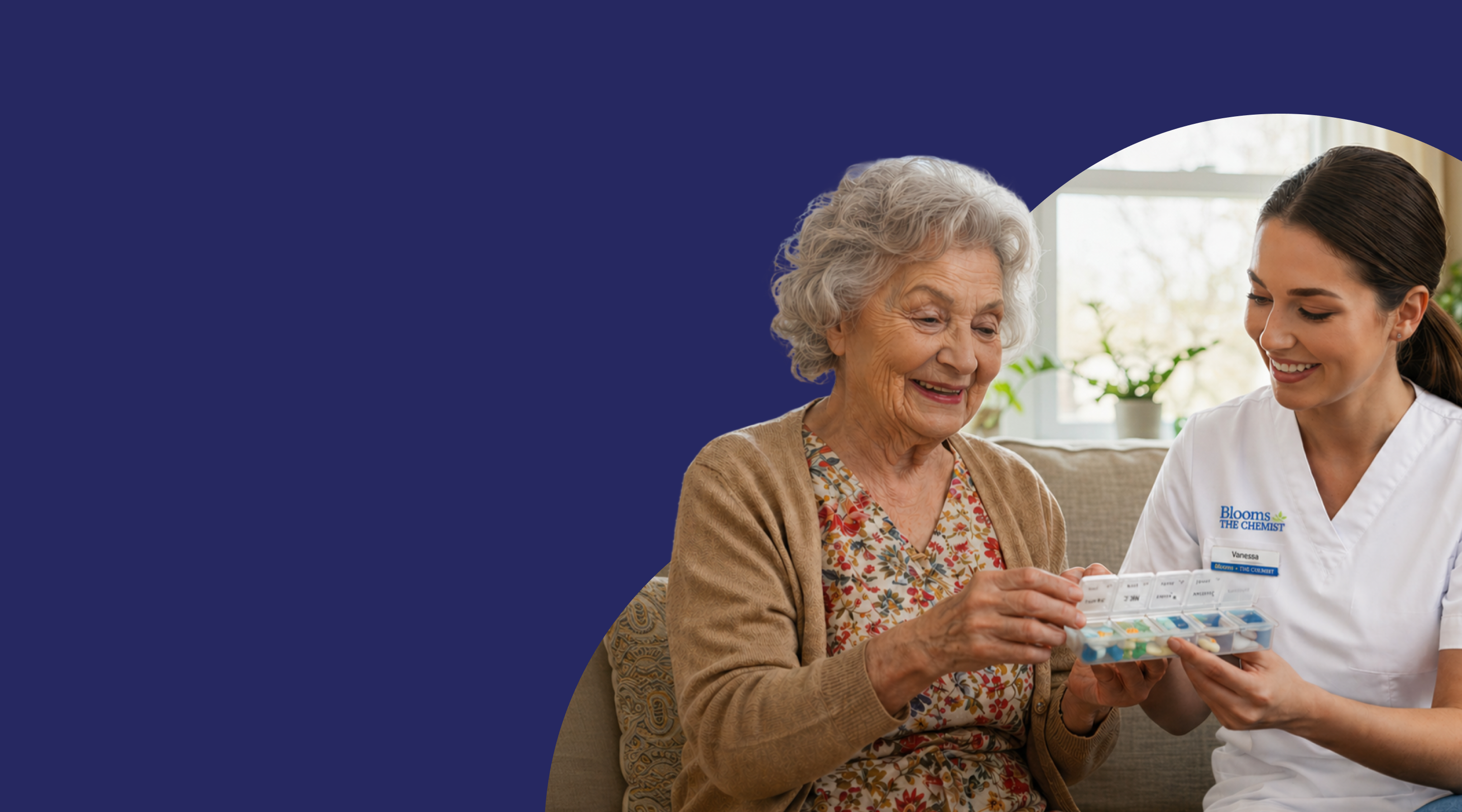 Elderly woman and pharmacist reviewing a weekly pill organizer together at home.