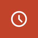 White clock icon showing time on a red background.