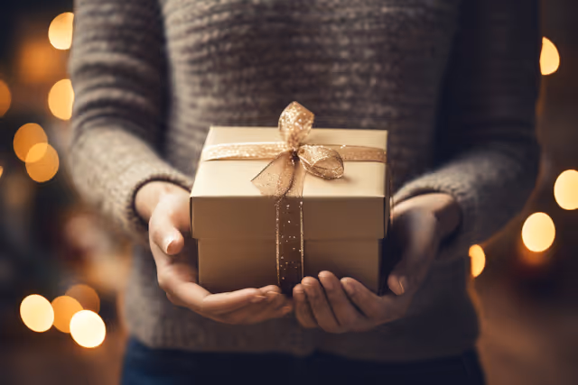 Person wearing a brown sweater holding a golden gift box with a shiny ribbon bow in both hands against a softly lit background.