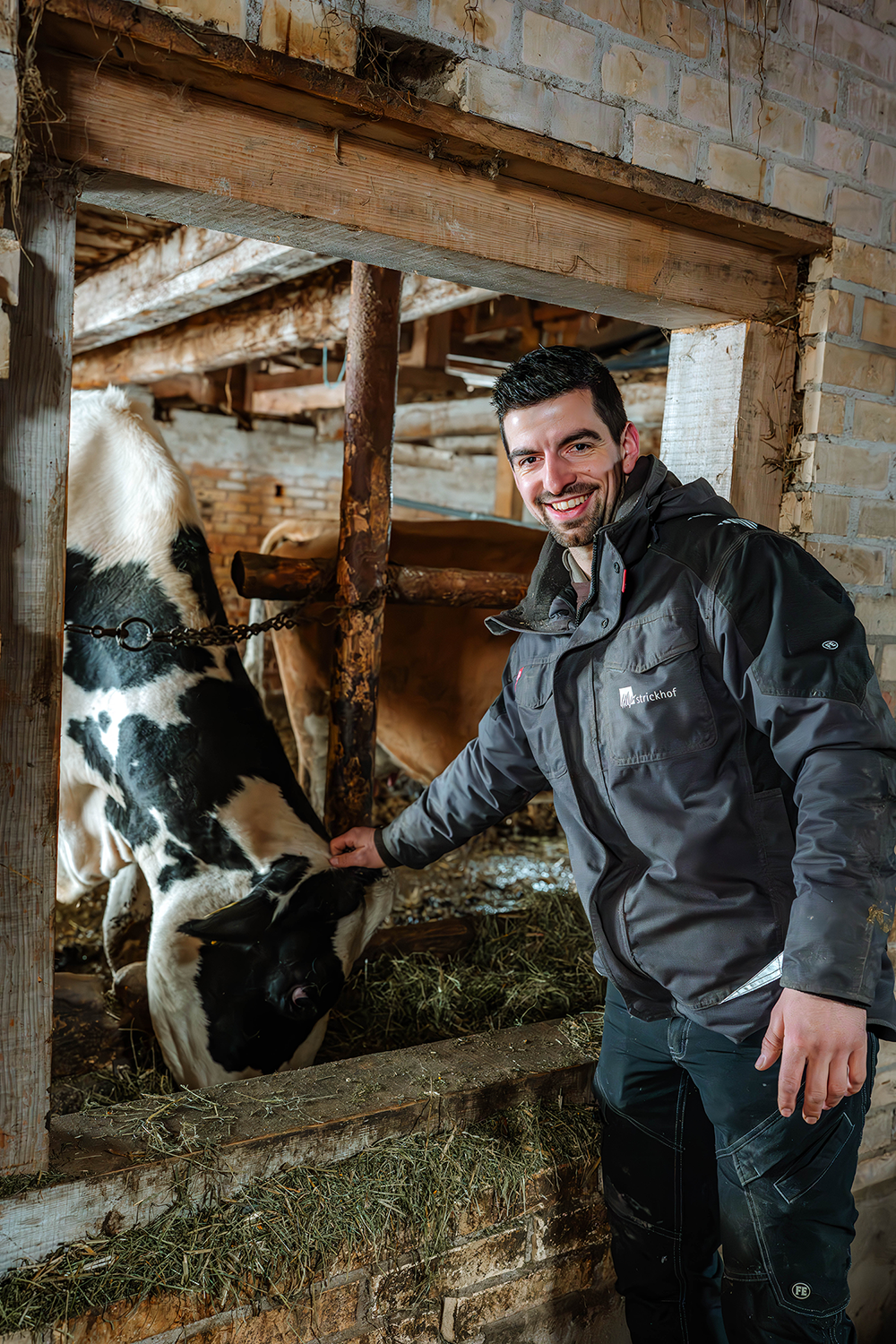 Mann steht mit einer Kuh im Stall