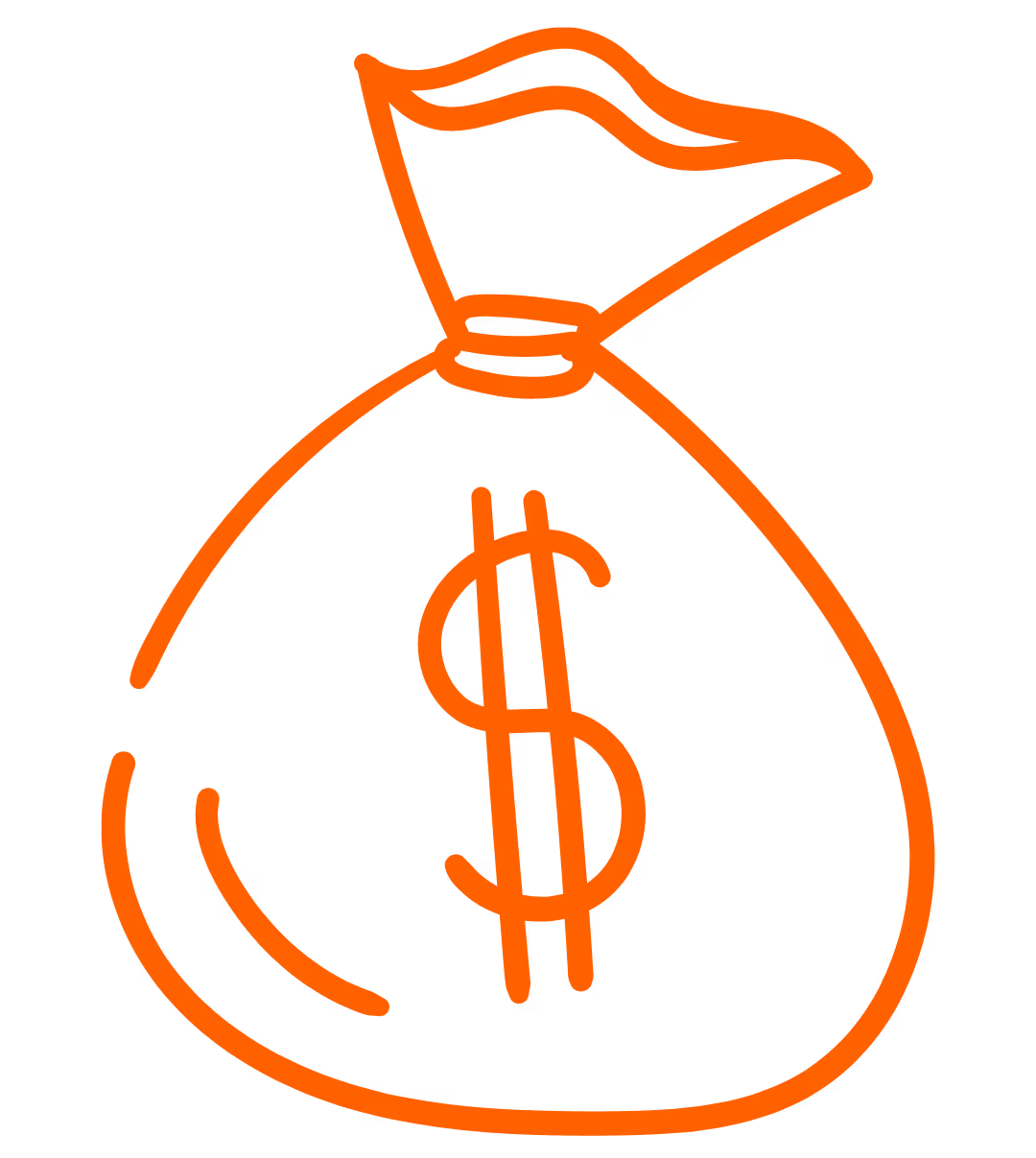 Orange outline of a tied money bag with a dollar sign on it.