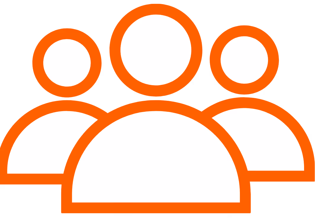Three stylized user icons outlined in orange representing a group or community.