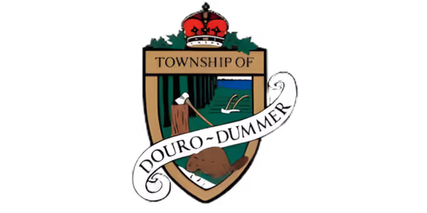 Coat of arms for Township of Douro-Dummer featuring a crowned shield with trees, an axe on a stump, a beaver, and a ribbon with the township name.