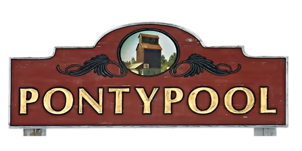 Red wooden sign with gold letters spelling Pontypool and an illustration of a historic tower above the text.