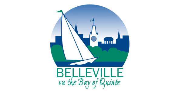 Logo of Belleville featuring a sailboat on water with a city skyline including a clock tower and green foliage, text reads 'Belleville on the Bay of Quinte'.