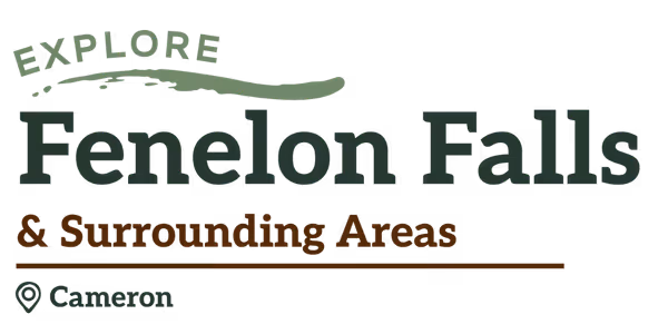 Graphic with text: Explore Fenelon Falls & Surrounding Areas, with a location icon and the word Cameron.