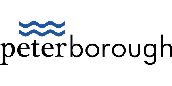 Logo of Peterborough with two blue wavy lines over the text 'City of Peterborough'.