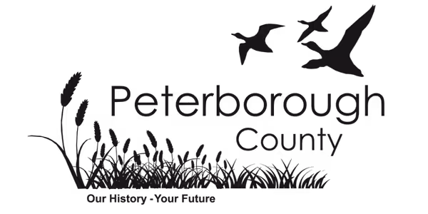 Logo of Peterborough County featuring flying geese above grass and reeds with the tagline 'Our History Your Future'.
