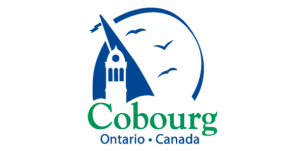 Logo with a stylized clock tower, birds, and the text 'Cobourg Ontario - Canada'.