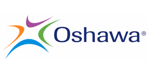 Colorful abstract star-like shape with orange, purple, green, and blue swooshes next to the word 'Oshawa' in blue text.
